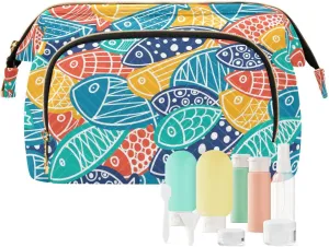 Colorful Fishes Ornamental Fishes Seamless Texture Women Cosmetic Bag Makeup Bag Stylish Trip Beauty Bag Travel Toiletry Bag with Bottle Organizer 10.2 x 5.9 x 6.7 inch