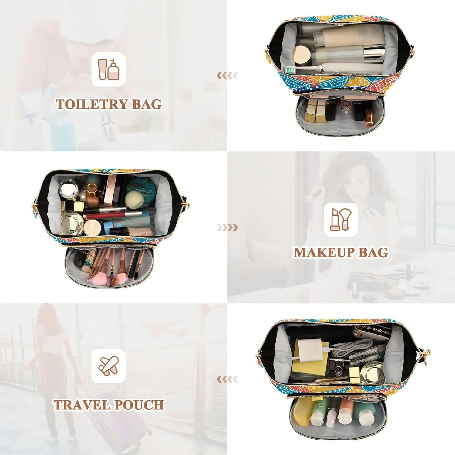 Colorful Fishes Ornamental Fishes Seamless Texture Women Cosmetic Bag Makeup Bag Stylish Trip Beauty Bag Travel Toiletry Bag with Bottle Organizer 10.2 x 5.9 x 6.7 inch