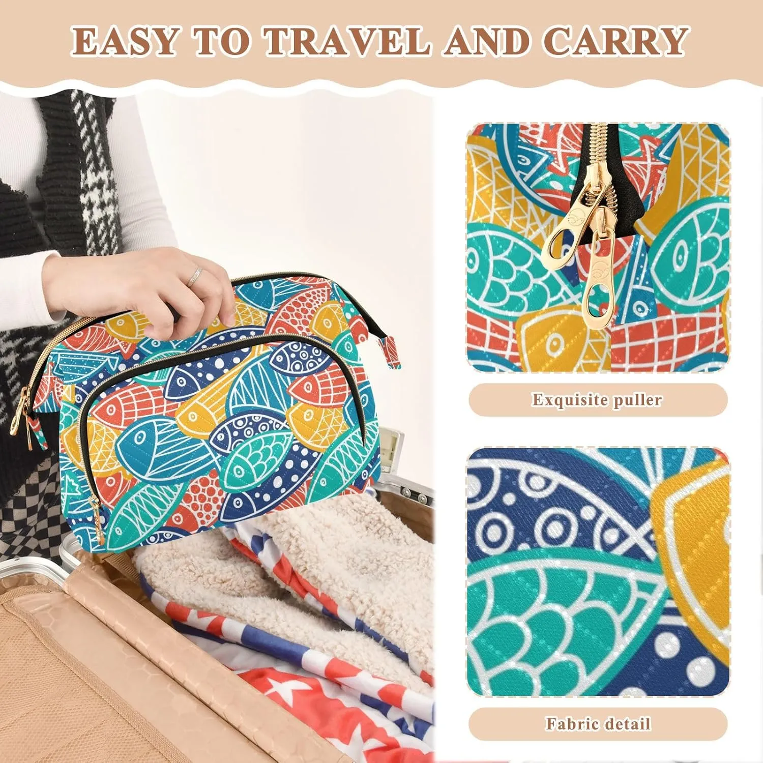 Colorful Fishes Ornamental Fishes Seamless Texture Women Cosmetic Bag Makeup Bag Stylish Trip Beauty Bag Travel Toiletry Bag with Bottle Organizer 10.2 x 5.9 x 6.7 inch