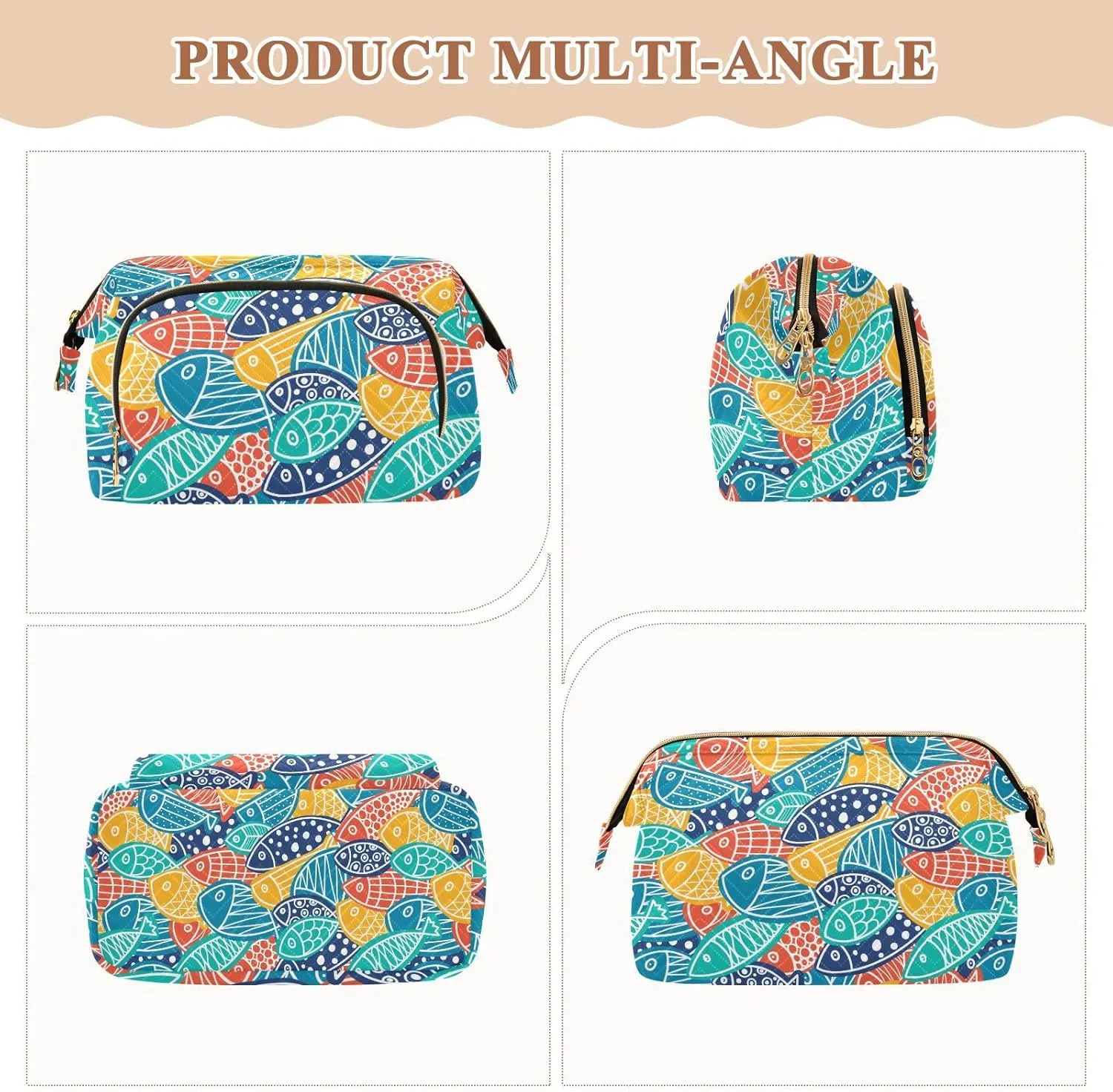Colorful Fishes Ornamental Fishes Seamless Texture Women Cosmetic Bag Makeup Bag Stylish Trip Beauty Bag Travel Toiletry Bag with Bottle Organizer 10.2 x 5.9 x 6.7 inch