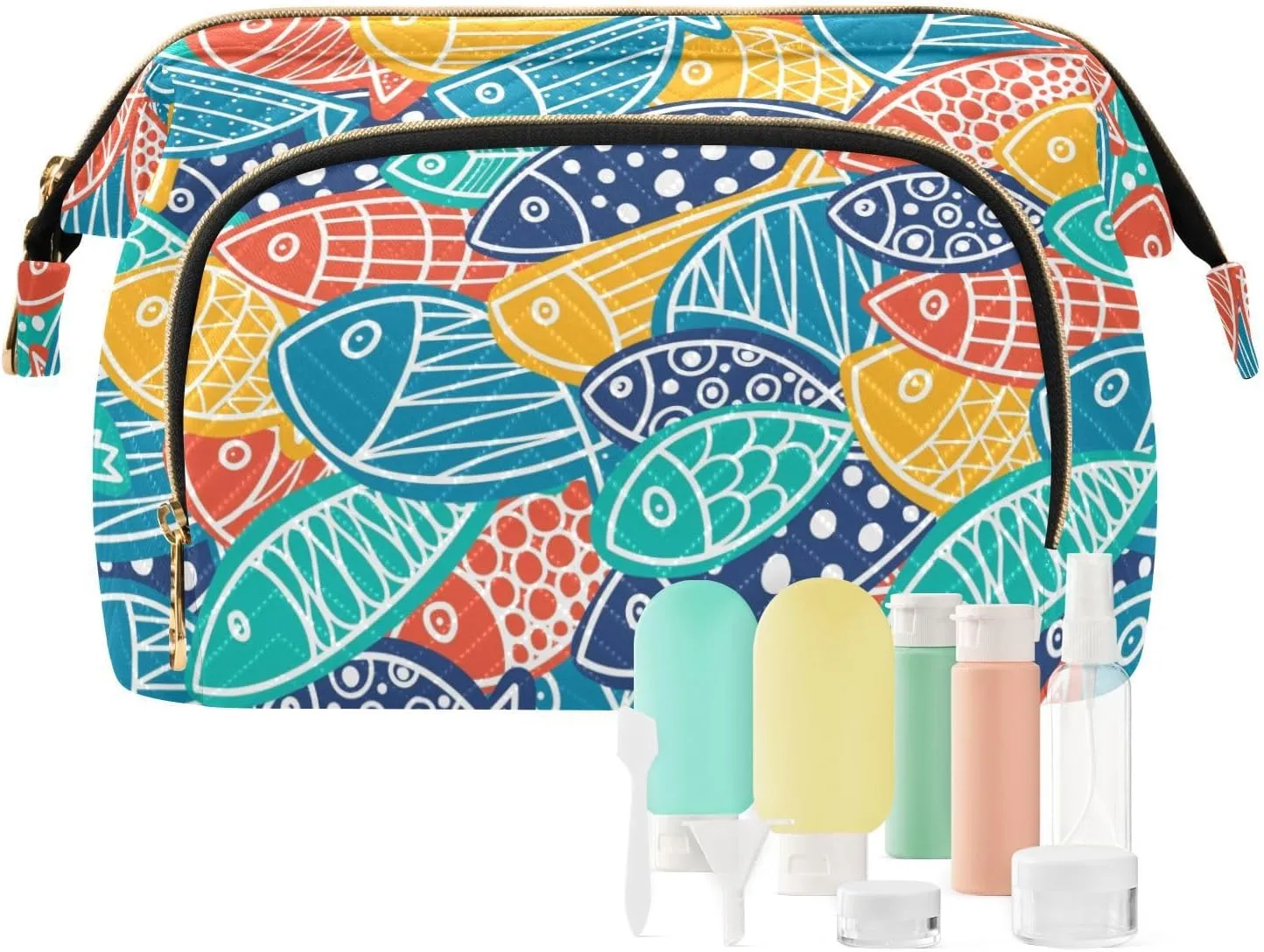Colorful Fishes Ornamental Fishes Seamless Texture Women Cosmetic Bag Makeup Bag Stylish Trip Beauty Bag Travel Toiletry Bag with Bottle Organizer 10.2 x 5.9 x 6.7 inch
