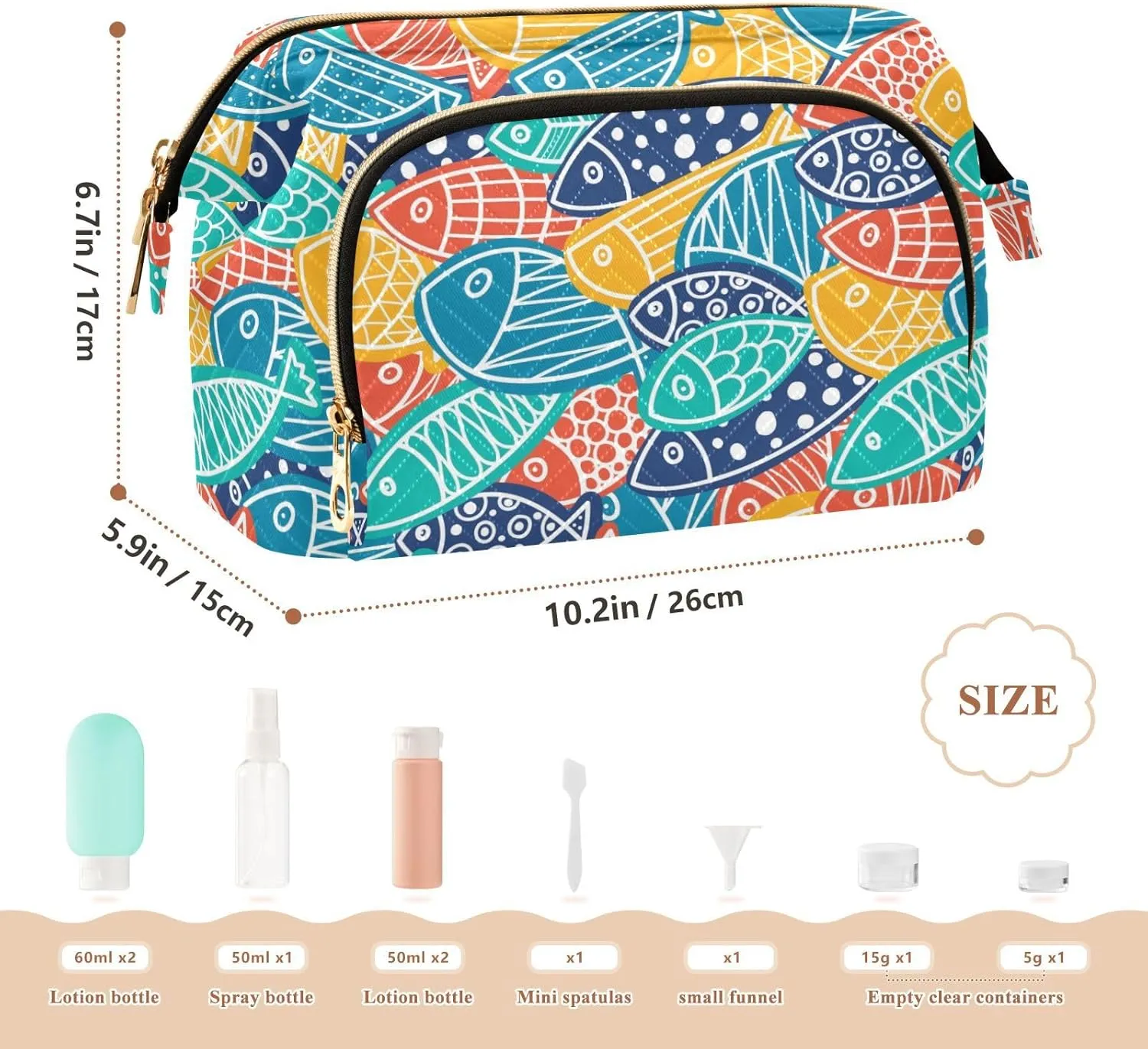Colorful Fishes Ornamental Fishes Seamless Texture Women Cosmetic Bag Makeup Bag Stylish Trip Beauty Bag Travel Toiletry Bag with Bottle Organizer 10.2 x 5.9 x 6.7 inch