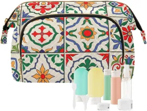 Colorful Moroccan Portuguese Tiles Ornaments Flowers Women Cosmetic Bag Makeup Bag Stylish Trip Beauty Bag Travel Toiletry Bag with Bottle Organizer 10.2 x 5.9 x 6.7 inch