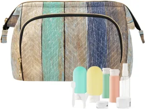 Colorful Wooden Plank Vintage Hardwood Concept Women Cosmetic Bag Makeup Bag Stylish Trip Beauty Bag Travel Toiletry Bag with Bottle Organizer 10.2 x 5.9 x 6.7 inch