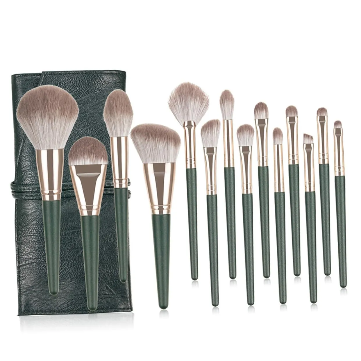 Complete Cosmetics Brush Set 14 Piece Green Wood Handle Collection Storage Pouch Fine Bristles for Makeup