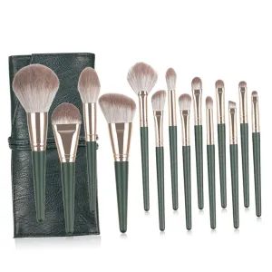Complete Cosmetics Brush Set 14 Piece Green Wood Handle Collection Storage Pouch Fine Bristles for Makeup