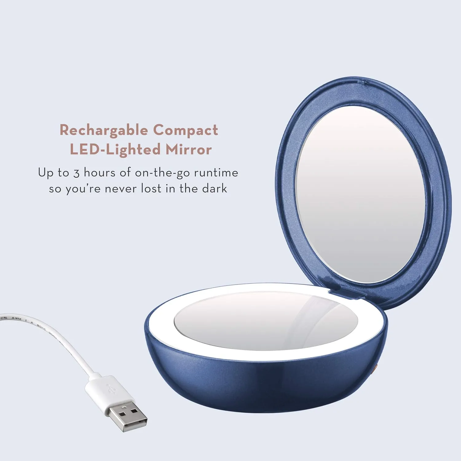 Conair Lighted Makeup Mirror with Magnification, Compact Mirror, 1/3X Magnifying Mirror, Travel Mirror with Light, Rechargeable in Blue