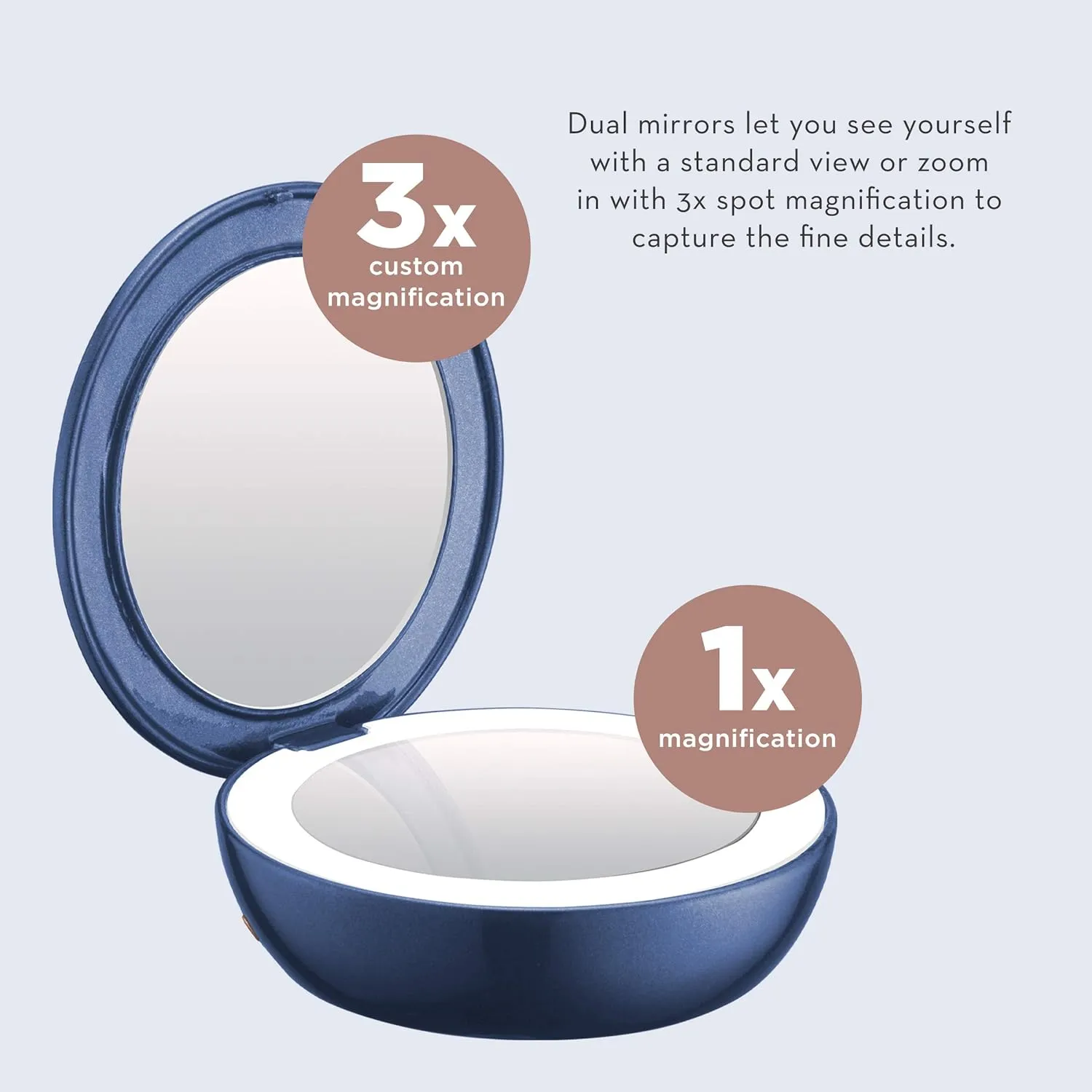 Conair Lighted Makeup Mirror with Magnification, Compact Mirror, 1/3X Magnifying Mirror, Travel Mirror with Light, Rechargeable in Blue
