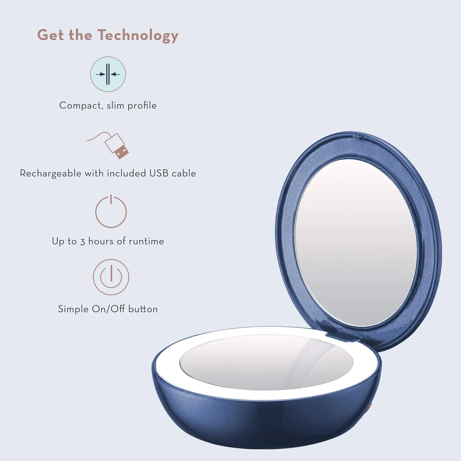 Conair Lighted Makeup Mirror with Magnification, Compact Mirror, 1/3X Magnifying Mirror, Travel Mirror with Light, Rechargeable in Blue
