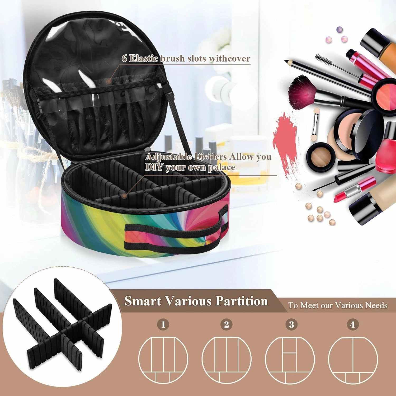 Concentric Rainbow, Spectrum Spirally Lines, Twisting Rotating lines Women's Portable Round Makeup Bag with Handle, Cosmetic Bag, Adjustable Dividers, Travel Cosmetic Storage 11 x 3.5 x 10 inch