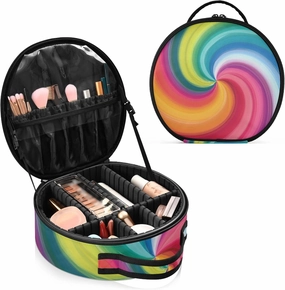 Concentric Rainbow, Spectrum Spirally Lines, Twisting Rotating lines Women's Portable Round Makeup Bag with Handle, Cosmetic Bag, Adjustable Dividers, Travel Cosmetic Storage 11 x 3.5 x 10 inch