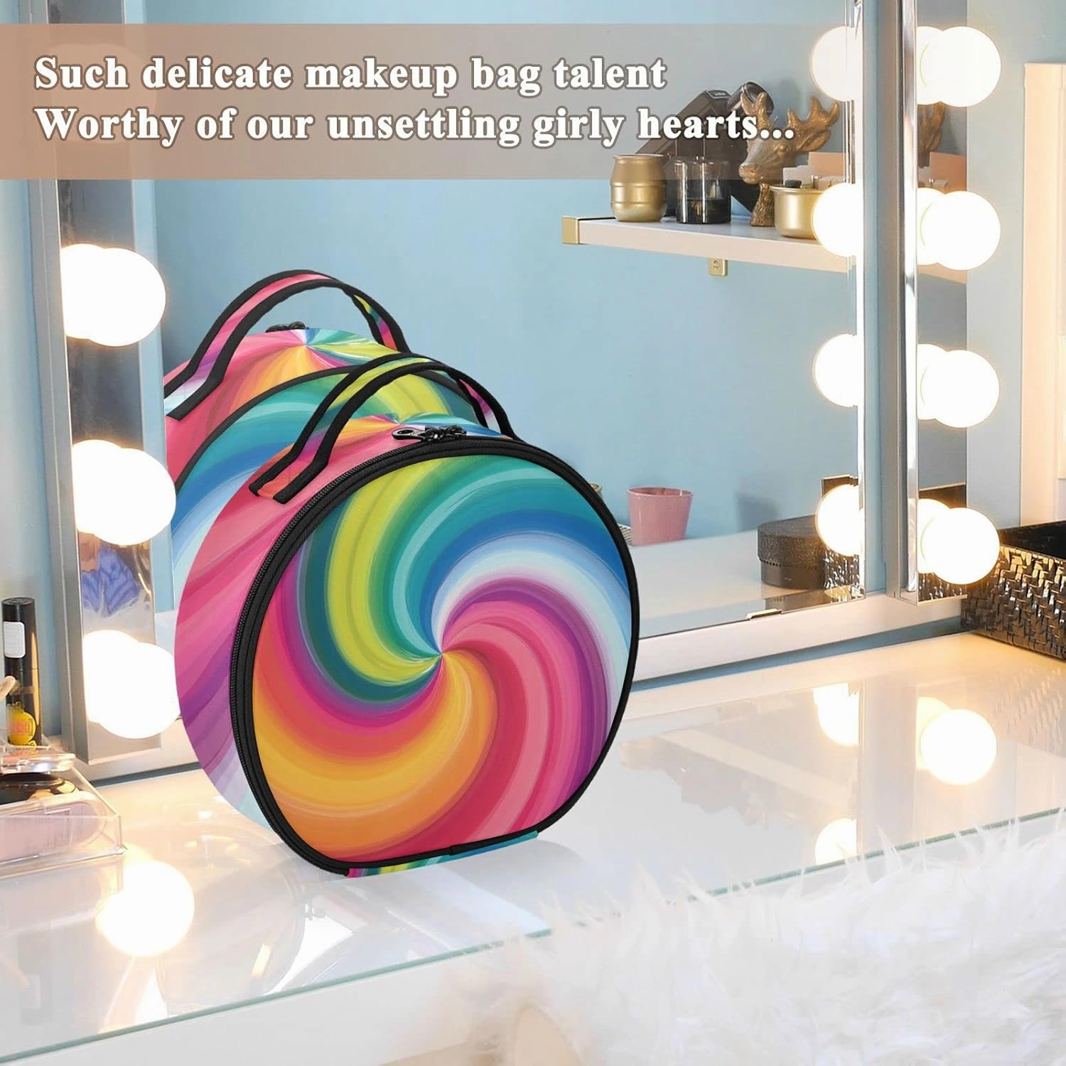Concentric Rainbow, Spectrum Spirally Lines, Twisting Rotating lines Women's Portable Round Makeup Bag with Handle, Cosmetic Bag, Adjustable Dividers, Travel Cosmetic Storage 11 x 3.5 x 10 inch