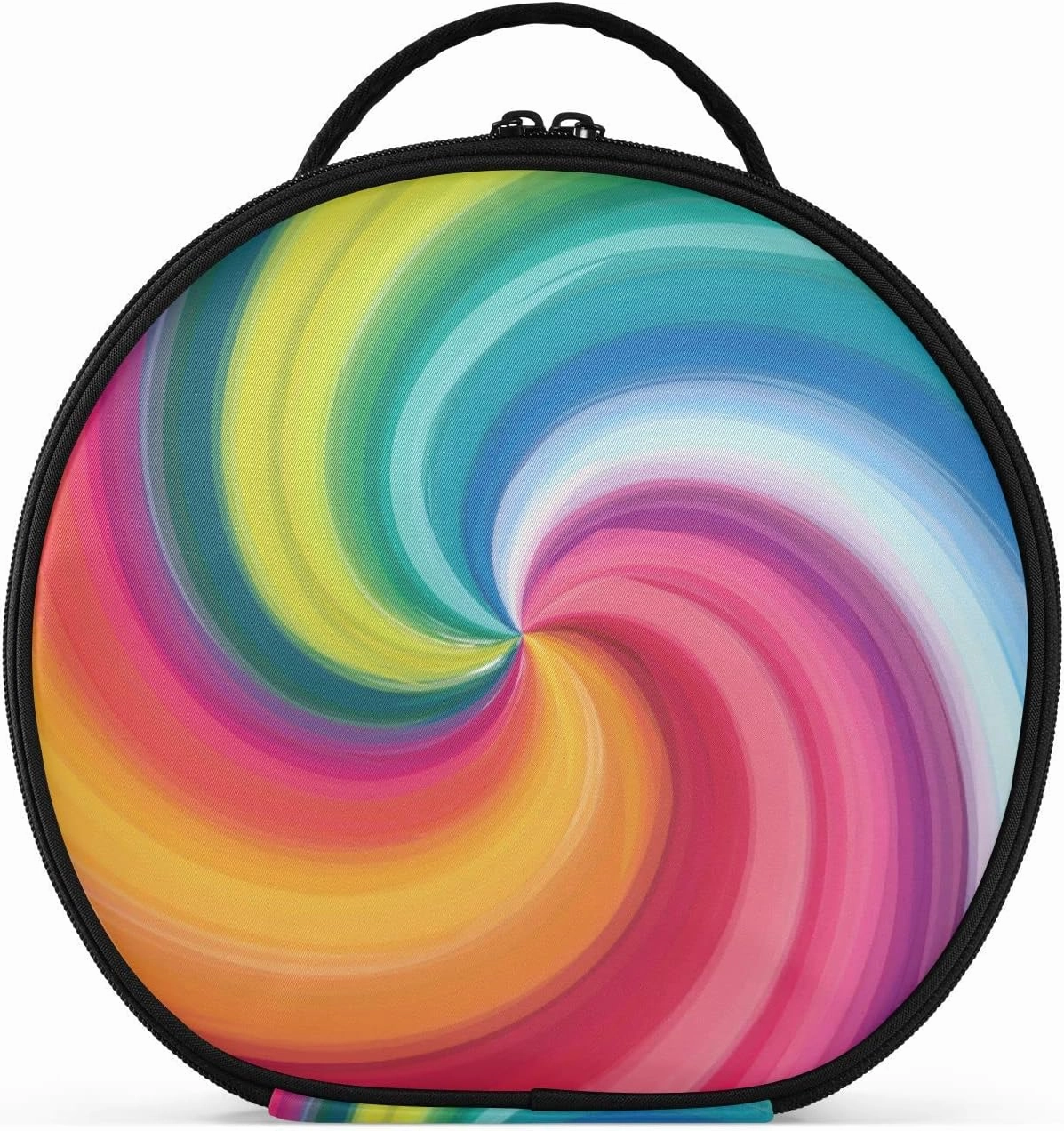 Concentric Rainbow, Spectrum Spirally Lines, Twisting Rotating lines Women's Portable Round Makeup Bag with Handle, Cosmetic Bag, Adjustable Dividers, Travel Cosmetic Storage 11 x 3.5 x 10 inch