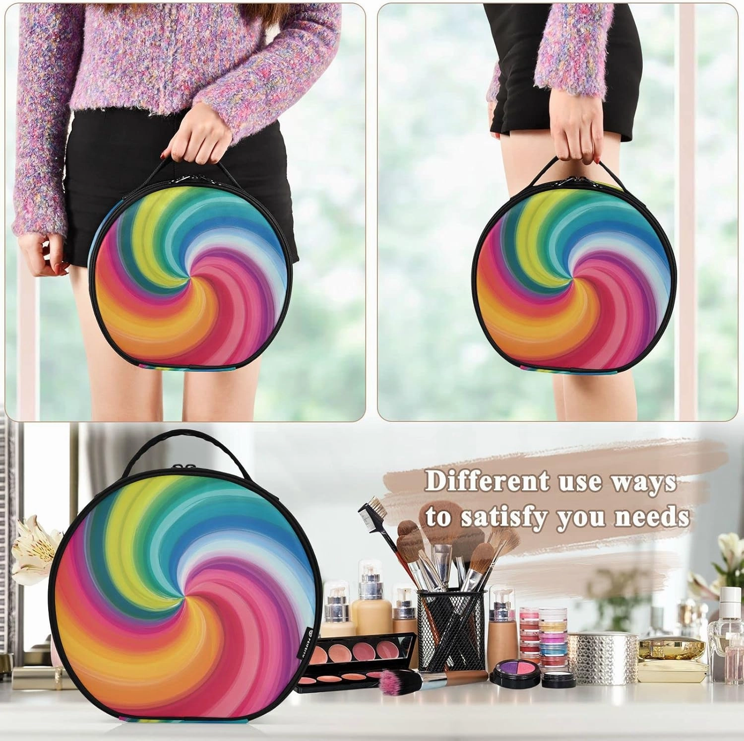 Concentric Rainbow, Spectrum Spirally Lines, Twisting Rotating lines Women's Portable Round Makeup Bag with Handle, Cosmetic Bag, Adjustable Dividers, Travel Cosmetic Storage 11 x 3.5 x 10 inch