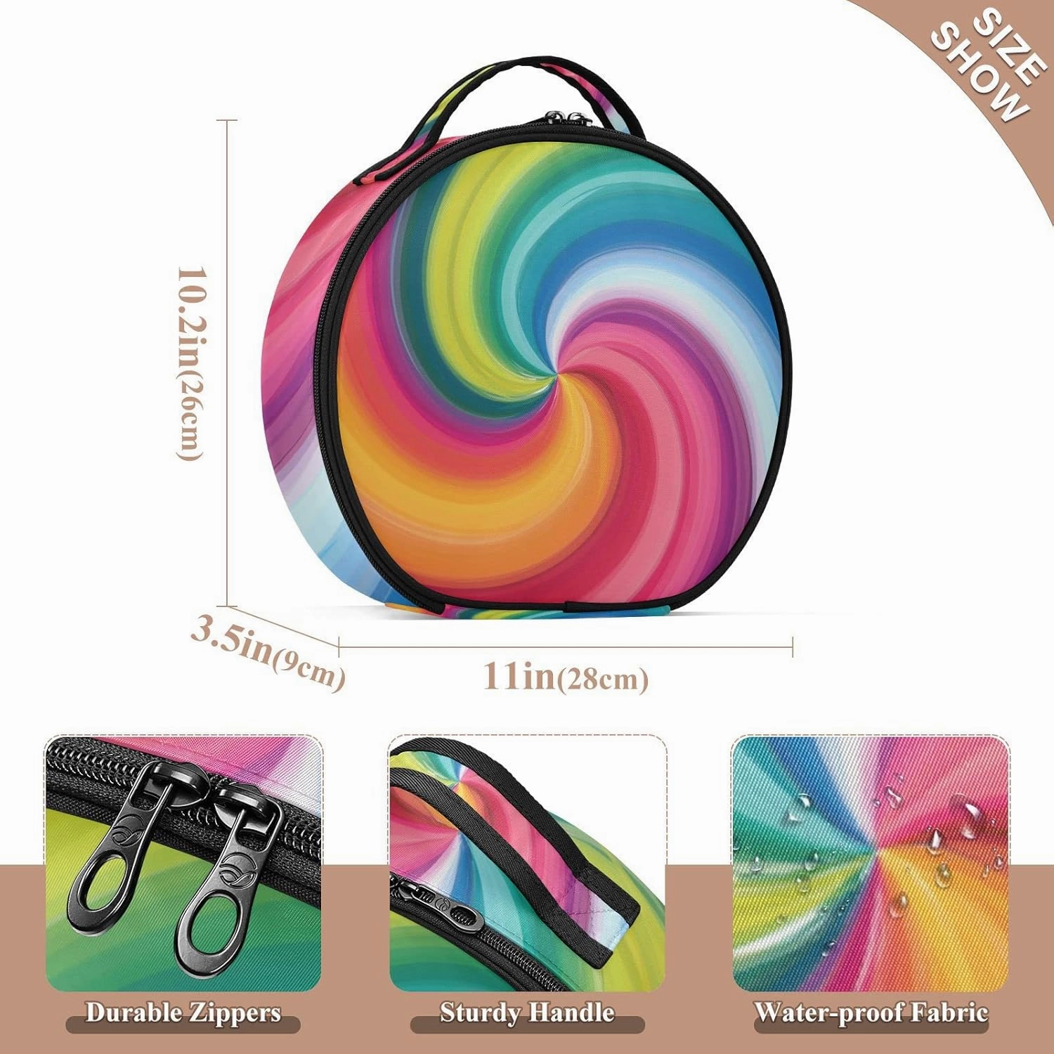 Concentric Rainbow, Spectrum Spirally Lines, Twisting Rotating lines Women's Portable Round Makeup Bag with Handle, Cosmetic Bag, Adjustable Dividers, Travel Cosmetic Storage 11 x 3.5 x 10 inch