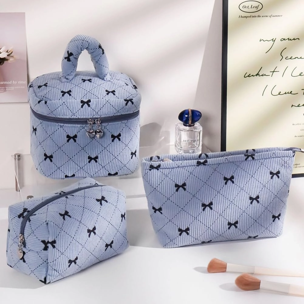 Cosmetic Bag Set with Bow Pattern, 3 Pieces Travel Makeup Organizer, Portable Large Capacity Mekeup Bag (Blue)