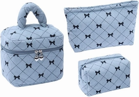Cosmetic Bag Set with Bow Pattern, 3 Pieces Travel Makeup Organizer, Portable Large Capacity Mekeup Bag (Blue)