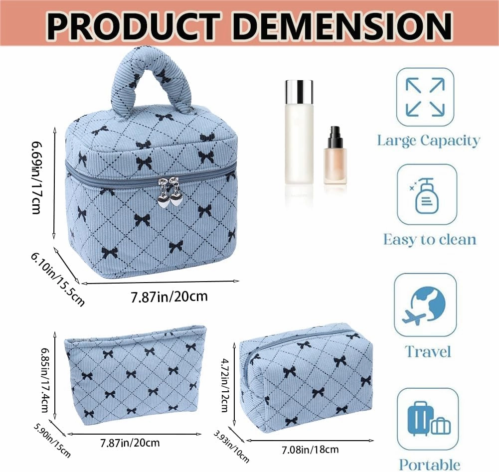 Cosmetic Bag Set with Bow Pattern, 3 Pieces Travel Makeup Organizer, Portable Large Capacity Mekeup Bag (Blue)