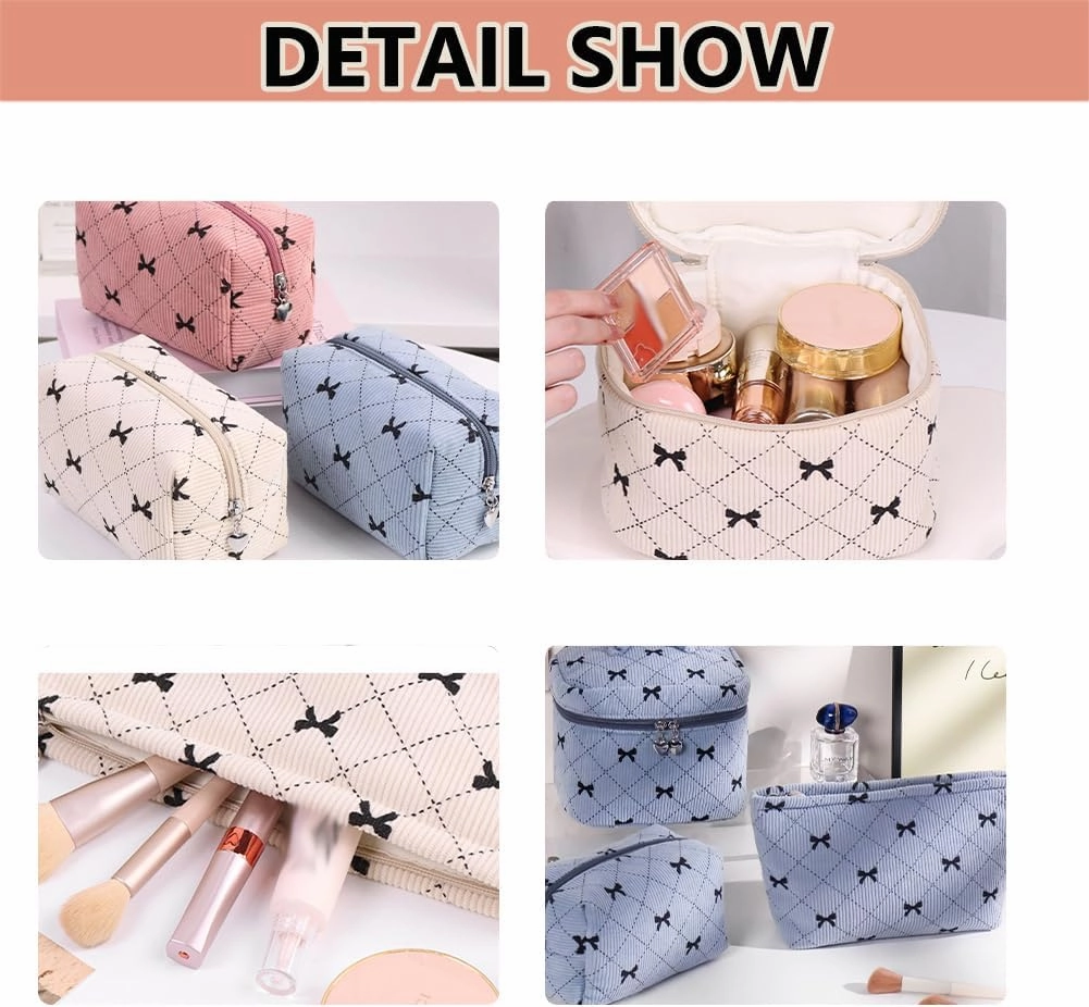Cosmetic Bag Set with Bow Pattern, 3 Pieces Travel Makeup Organizer, Portable Large Capacity Mekeup Bag (Blue)
