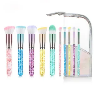 Crystal makeup brush set with holographic shell, 10 pieces, colorful crystal handle design, flowing sand rainbow