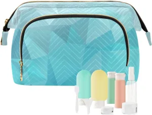 Crystal Triangular Design in Blue White Ice Colors Women Cosmetic Bag Makeup Bag Stylish Trip Beauty Bag Travel Toiletry Bag with Bottle Organizer 10.2 x 5.9 x 6.7 inch