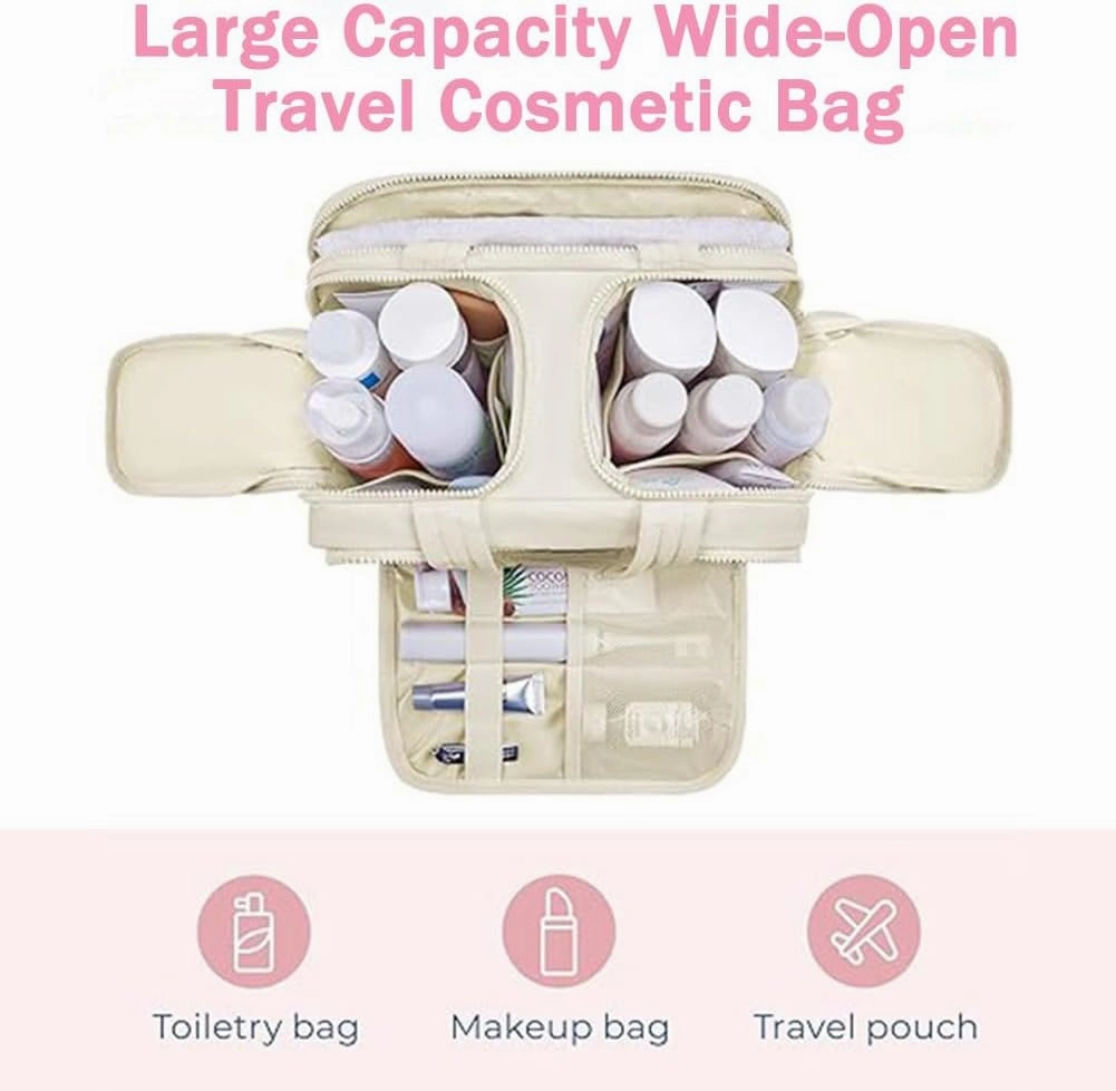 Cureaway Travel Cosmetic Bag, Large Capacity Wide-Open Travel Cosmetic Bag, Waterproof Portable Pouch Open Flat Toiletry Bags for Women with Divider and Handle (Brown)