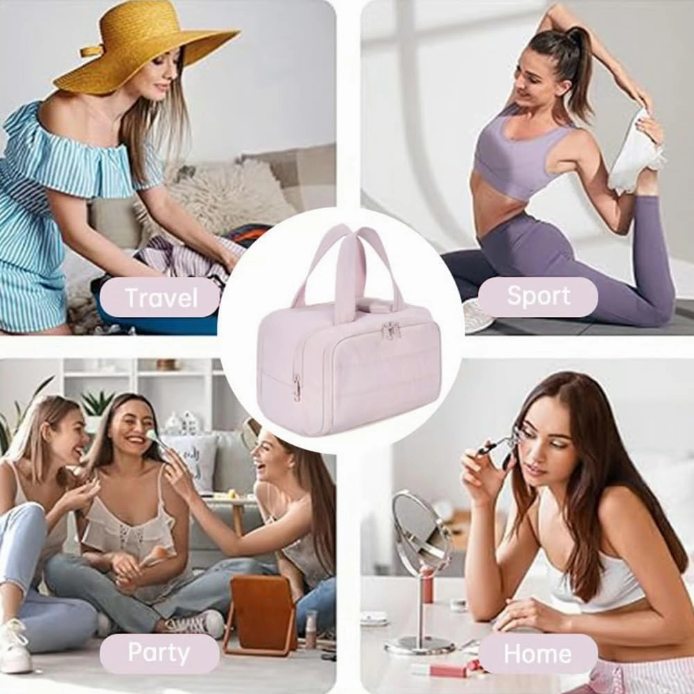 Cureaway Travel Cosmetic Bag, Large Capacity Wide-Open Travel Cosmetic Bag, Waterproof Portable Pouch Open Flat Toiletry Bags for Women with Divider and Handle (Brown)