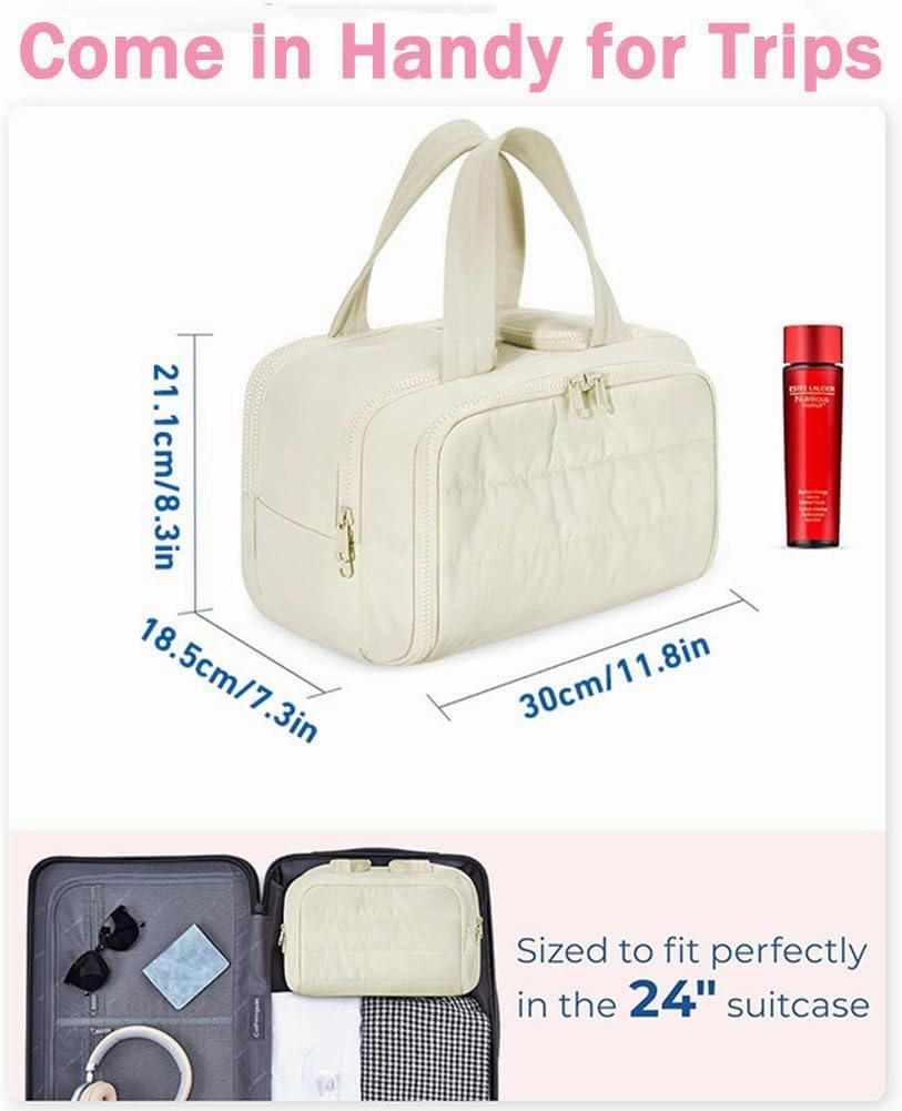 Cureaway Travel Cosmetic Bag, Large Capacity Wide-Open Travel Cosmetic Bag, Waterproof Portable Pouch Open Flat Toiletry Bags for Women with Divider and Handle (Brown)