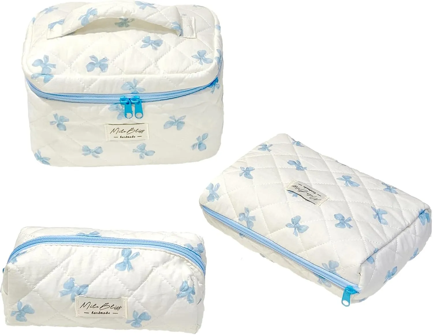 cute makeup bag Set，Kawaii Makeup Bow Bag of 3， Bow bag Zipper Handle Aesthetic Travel Cotton Quilted Cosmetic Bag Set For Women (blue)