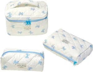 cute makeup bag Set，Kawaii Makeup Bow Bag of 3， Bow bag Zipper Handle Aesthetic Travel Cotton Quilted Cosmetic Bag Set For Women (blue)
