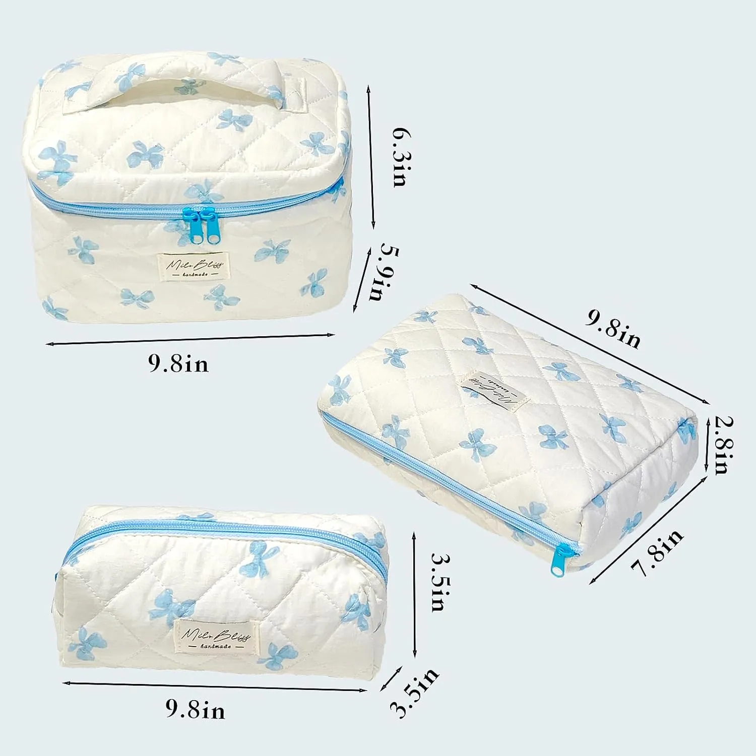 cute makeup bag Set，Kawaii Makeup Bow Bag of 3， Bow bag Zipper Handle Aesthetic Travel Cotton Quilted Cosmetic Bag Set For Women (blue)