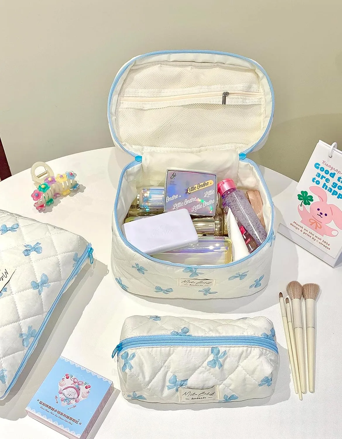 cute makeup bag Set，Kawaii Makeup Bow Bag of 3， Bow bag Zipper Handle Aesthetic Travel Cotton Quilted Cosmetic Bag Set For Women (blue)