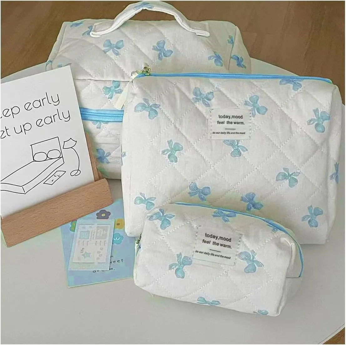 cute makeup bag Set，Kawaii Makeup Bow Bag of 3， Bow bag Zipper Handle Aesthetic Travel Cotton Quilted Cosmetic Bag Set For Women (blue)