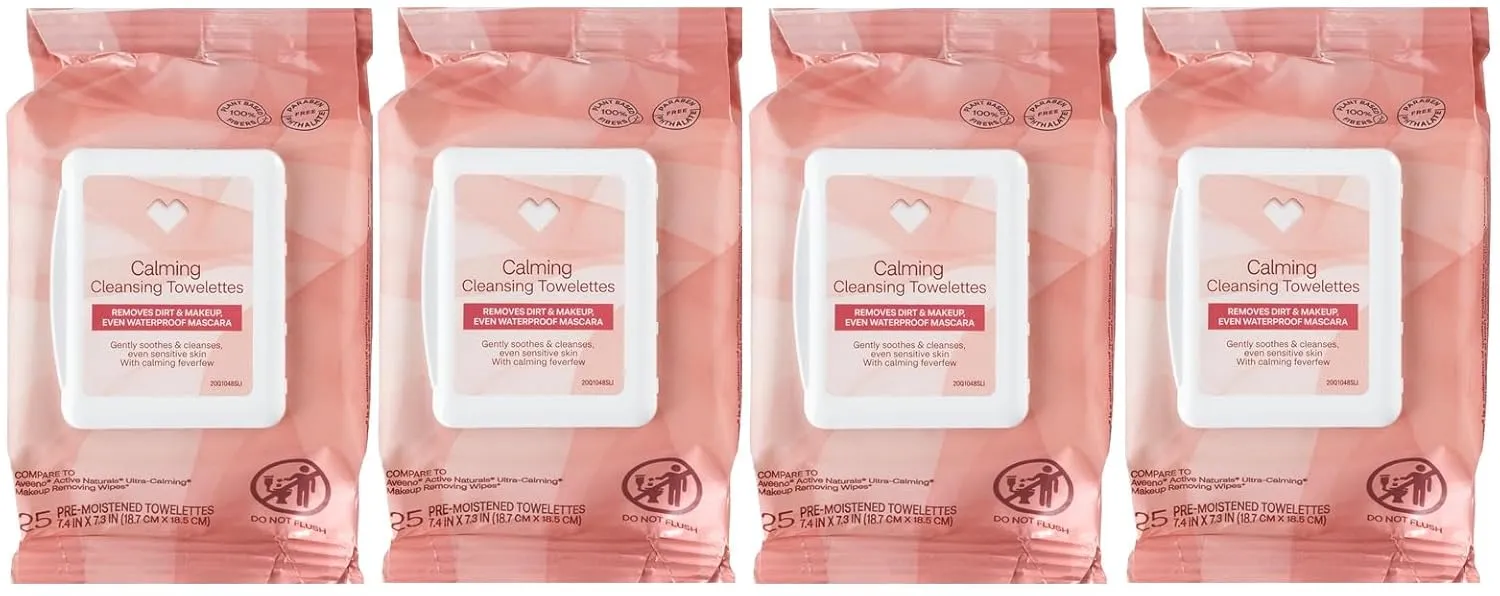 CVS Beauty Calming Cleansing Towelettes, Makeup Remover Face Wipes,100% Plant-Based Cloth, 25 ct - Pack of 4