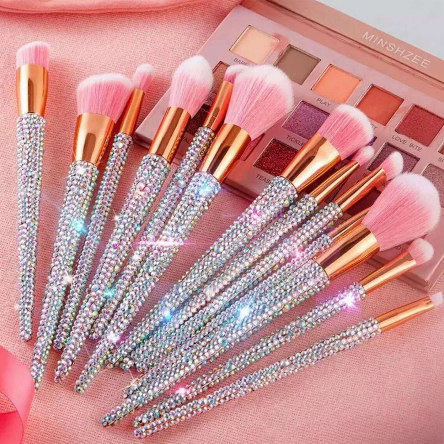 D'Vine Bliss Beauty 12-Piece Bedazzled Bling Makeup Brush Set – Premium Glamour Brushes for Flawless Makeup Application (Silver)
