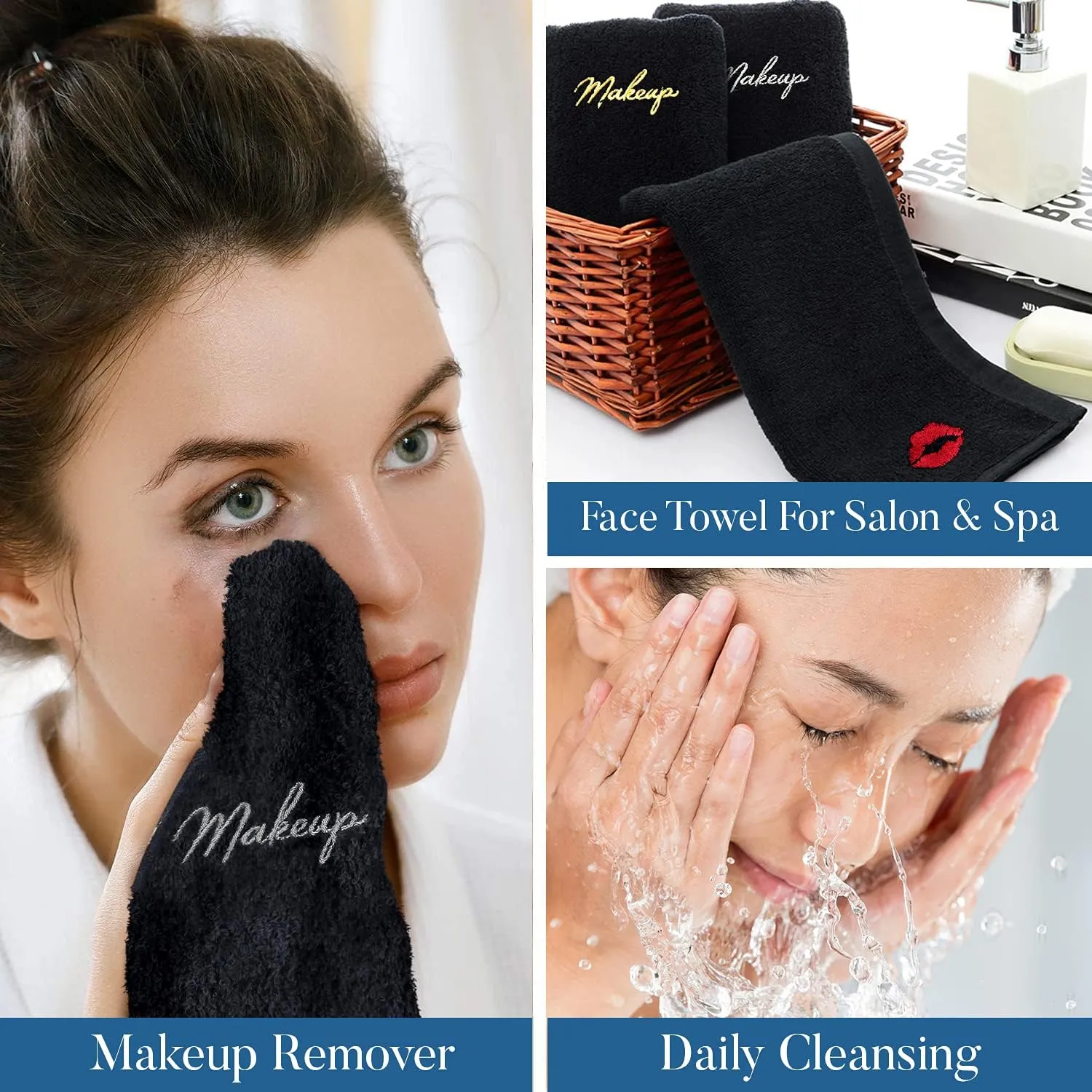 DAN RIVER Makeup Towel 100% Spun Cotton - (Pack of 6) Luxuriously Soft Reusable Makeup Remover Cloth, Facial Cleansing Cloth, of 6 13x13 Inch, Black