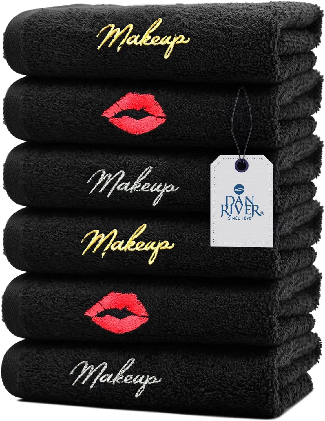 DAN RIVER Makeup Towel 100% Spun Cotton - (Pack of 6) Luxuriously Soft Reusable Makeup Remover Cloth, Facial Cleansing Cloth, of 6 13x13 Inch, Black