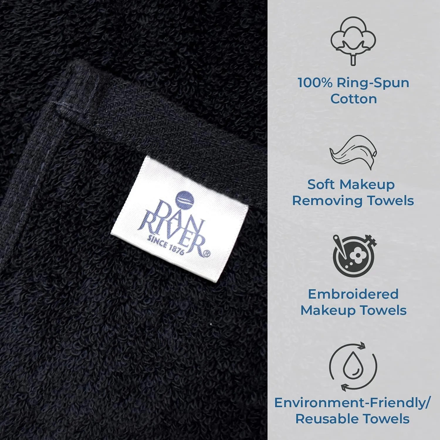 DAN RIVER Makeup Towel 100% Spun Cotton - (Pack of 6) Luxuriously Soft Reusable Makeup Remover Cloth, Facial Cleansing Cloth, of 6 13x13 Inch, Black