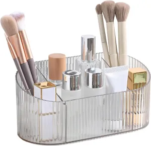 DASITON Capacity Makeup Brush Holder,5 Slot Makeup Brush Holder,Vintage striped Make Up Brush Holder,for Vanity Decor,Bathroom Countertops,Desk Storage Container,Cosmetic Display cases(Clear)