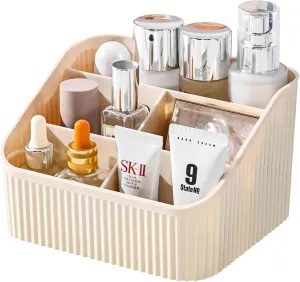 DASITON Large Capacity Makeup Brush Holder,5 Slot Makeup Brush Cup,Vintage striped Make Up Brush Holder,for Vanity Decor,Bathroom Countertops,Desk Storage Container,Cosmetic Display cases(Cream)