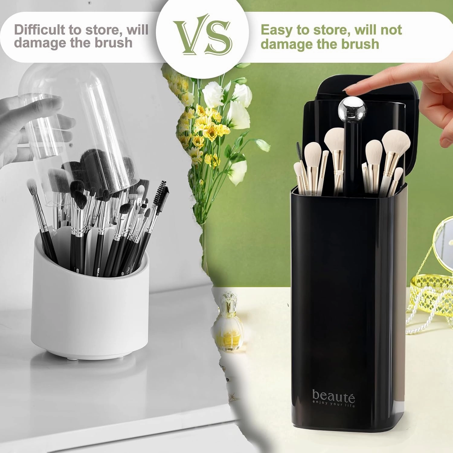 DASITON Makeup Brush Holder with Lid,4 Slots Makeup Brush Organizer,Automatic Lifting Makeup Cosmetics Organizer,for Vanity Decor,Bathroom Countertop,Dustproof Cosmetic Brushes Container(Silver-Black)