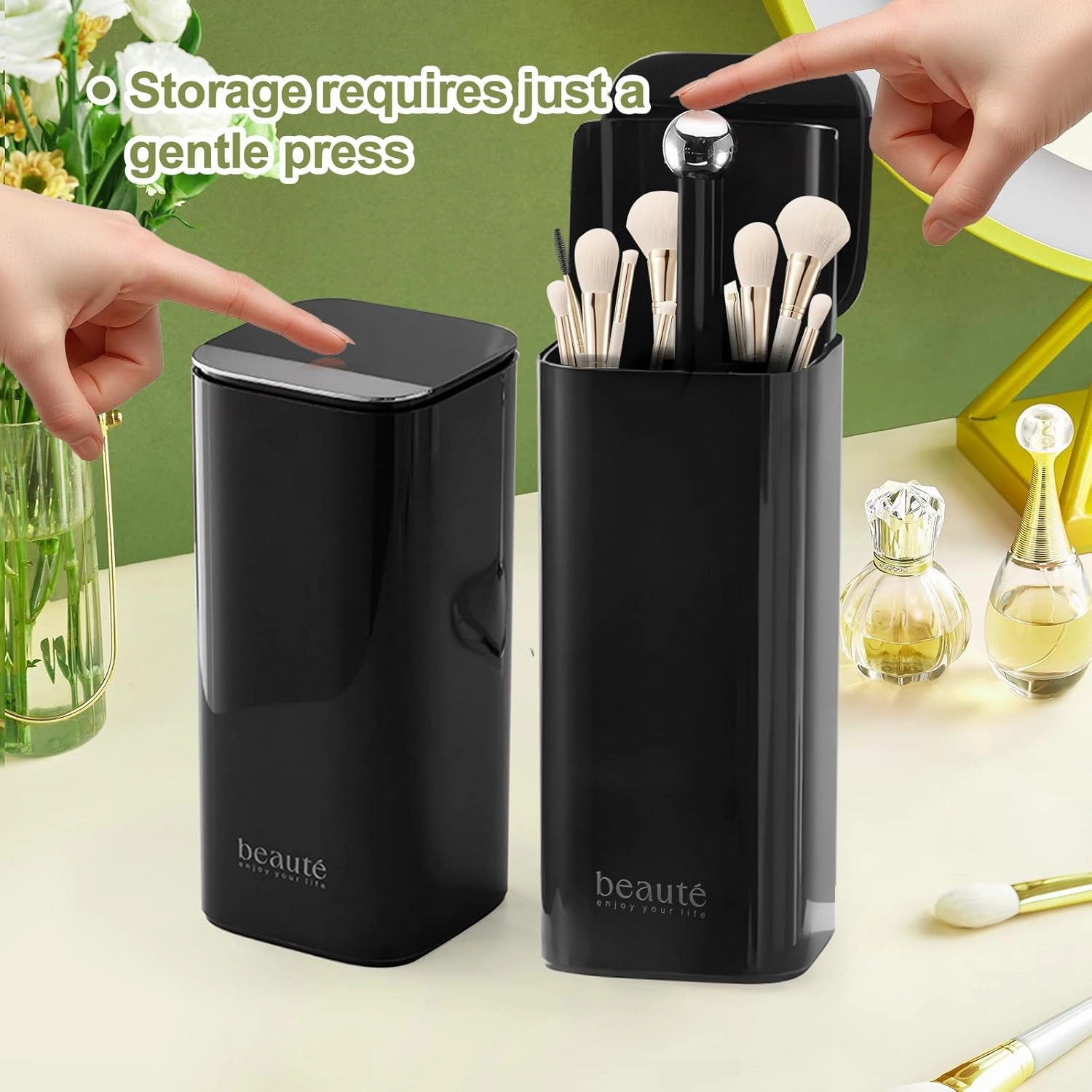 DASITON Makeup Brush Holder with Lid,4 Slots Makeup Brush Organizer,Automatic Lifting Makeup Cosmetics Organizer,for Vanity Decor,Bathroom Countertop,Dustproof Cosmetic Brushes Container(Silver-Black)