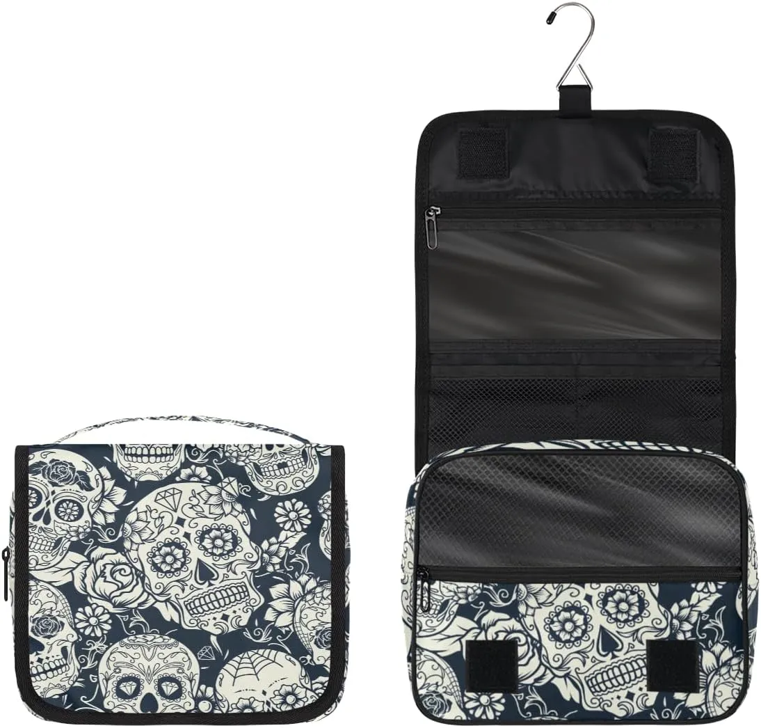 Day Of The Dead Flower Sugar Skull Toiletry Bag with Hanging Hook Travel Organizer Makeup Bag for Women Waterproof Accessories Toiletries Travel Essentials Personalized Birthday Valentines Day Gifts