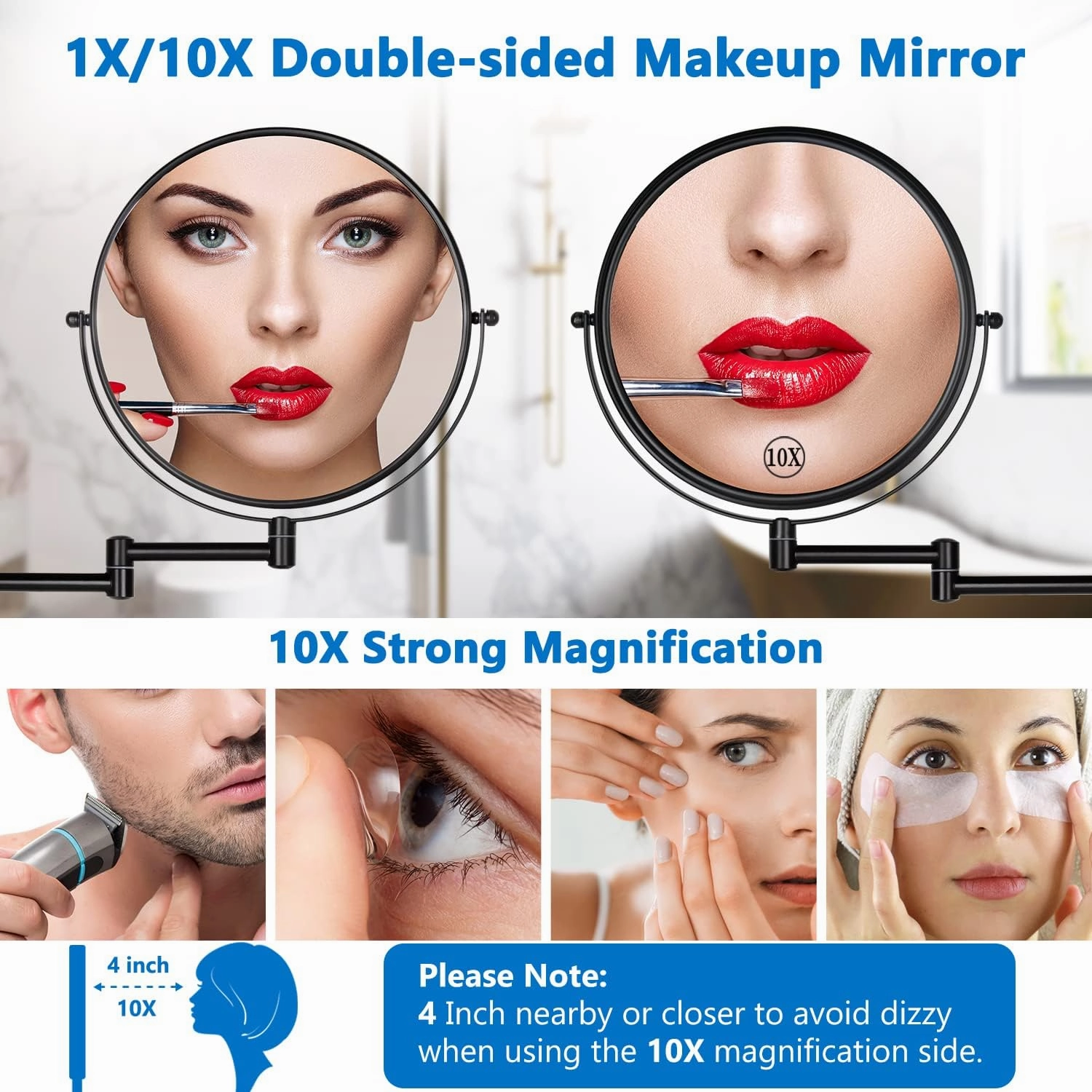 DECLUTTR 9" Wall Mounted Makeup Mirror, 1X/10X Magnifying Mirror Double-Sided, Large Size 360° Swivel Makeup Mirror with Magnification, Extendable Wall Magnifying Mirror for Bathroom, Black