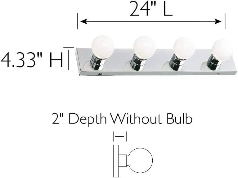 Design House Vanity Lighting, Steel Construction, 4 Vanity Lights, Dimmable, Uses four 60W Bulbs, Polished Chrome, 24.0 In. W x 4.3 In. H x 2.0 In. D, 500892