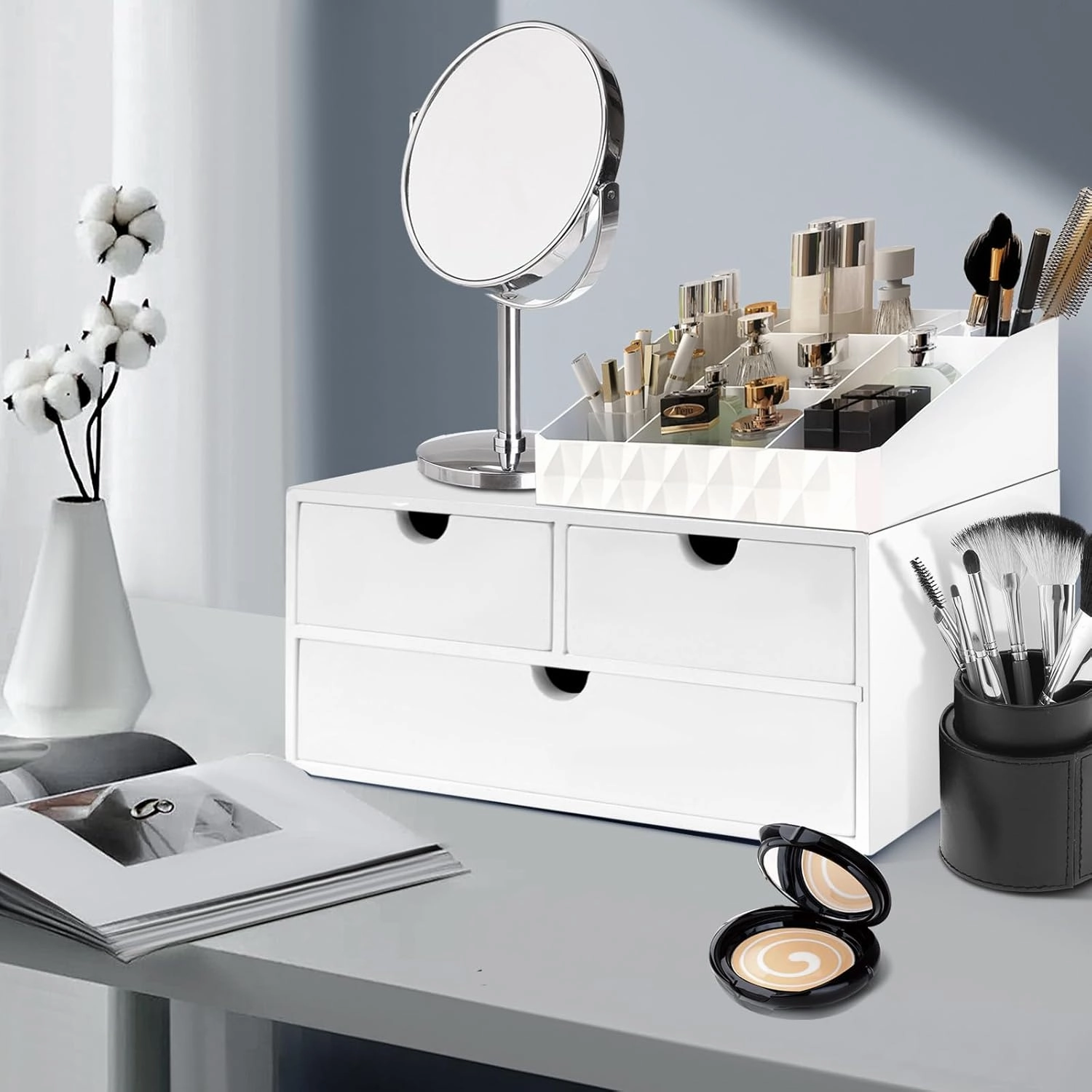 desk organizer with drawers countertop drawer organizer Tabletop Storage Organization Box Home Office Workspace Bathroom Toiletries Supplies (white)
