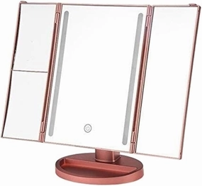 DHAEY Tri-Fold Lighted Vanity Mirror, 16 LED Lights t-Button Screen Mirror Double Power Supply Mode Tabletop Makeup Mirror