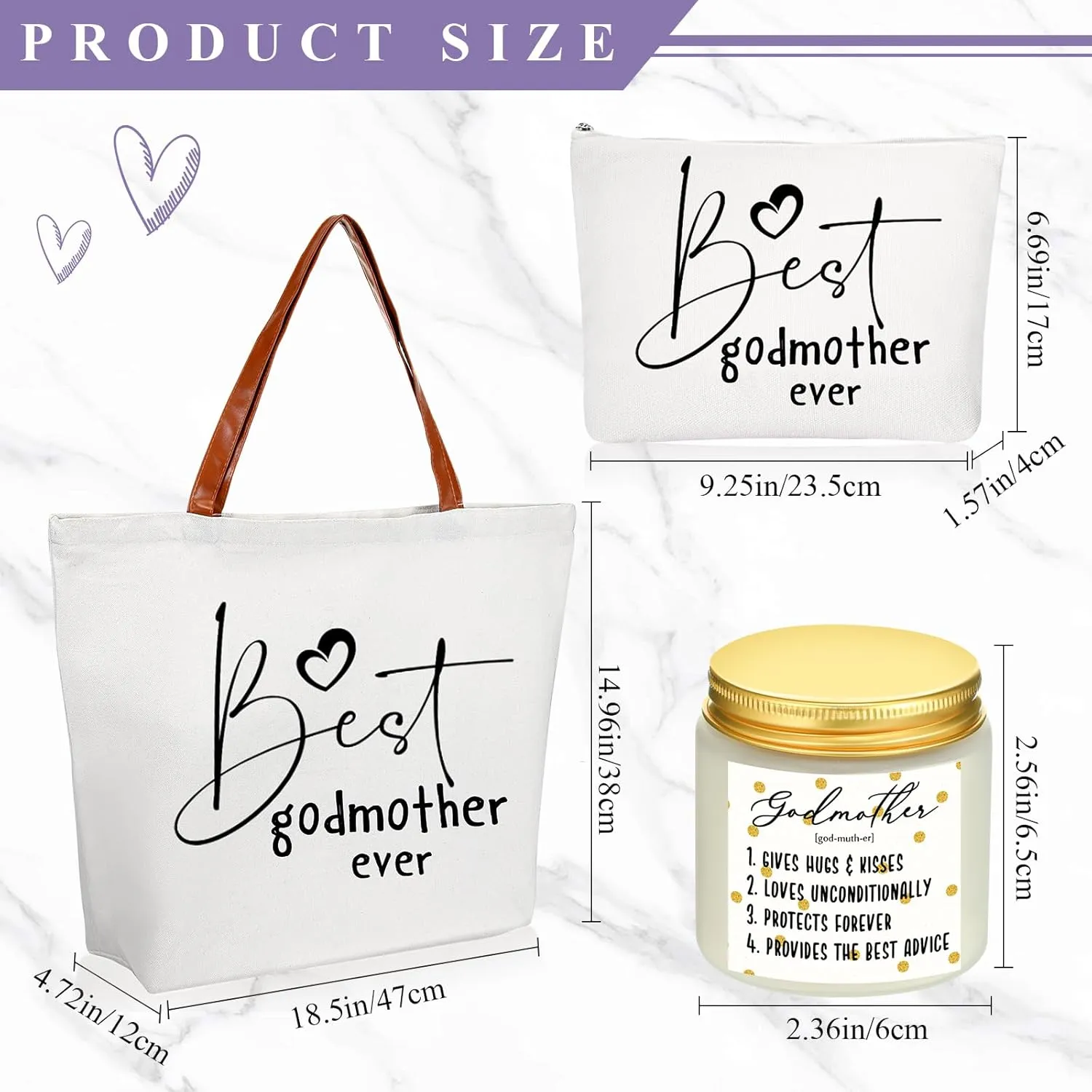 Domensi 4 Pack Godmother Gifts Set Included 20oz Stainless Steel Tumbler Cup with Straw and Lid Best Godmother Ever Gift Tote Bag Makeup Bag Scented Candle Mother Day Gift(Purple)