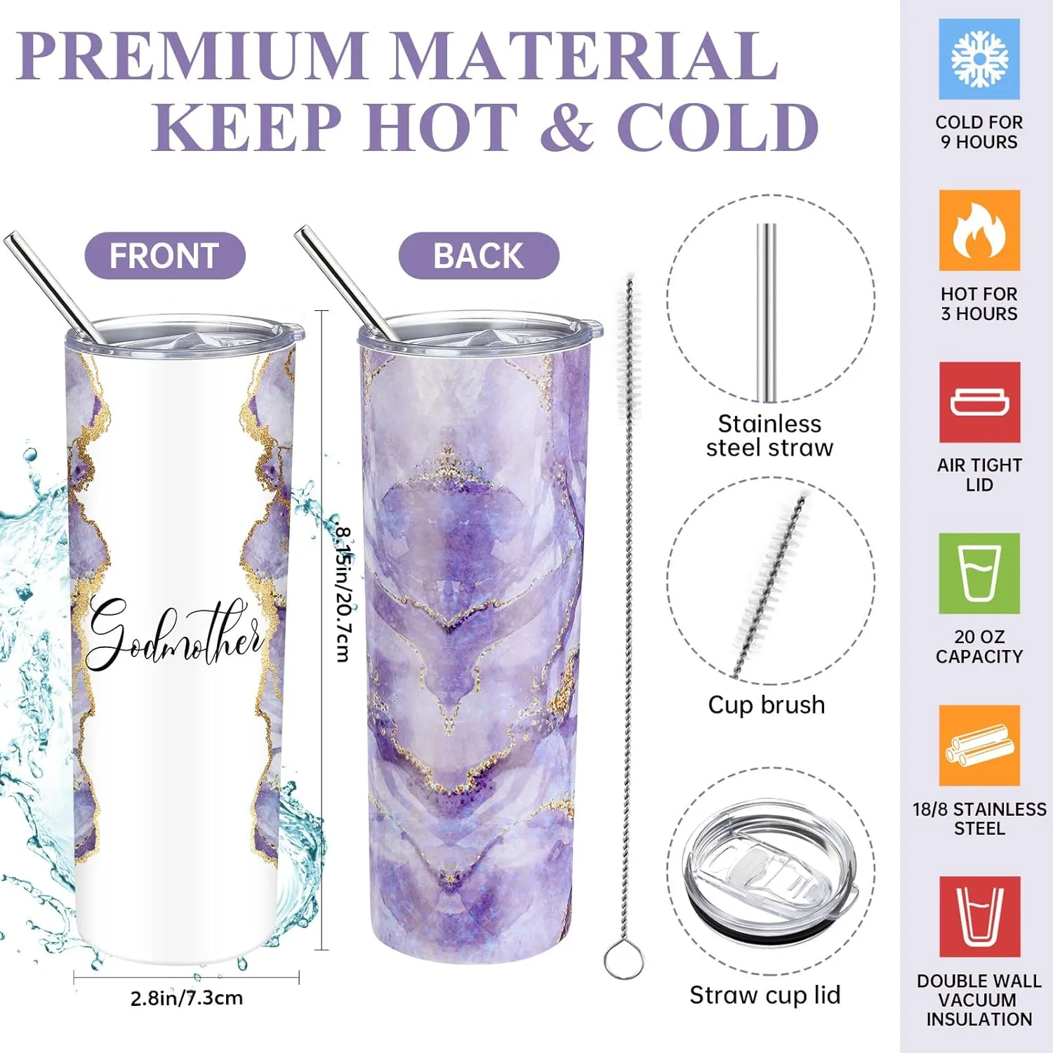 Domensi 4 Pack Godmother Gifts Set Included 20oz Stainless Steel Tumbler Cup with Straw and Lid Best Godmother Ever Gift Tote Bag Makeup Bag Scented Candle Mother Day Gift(Purple)