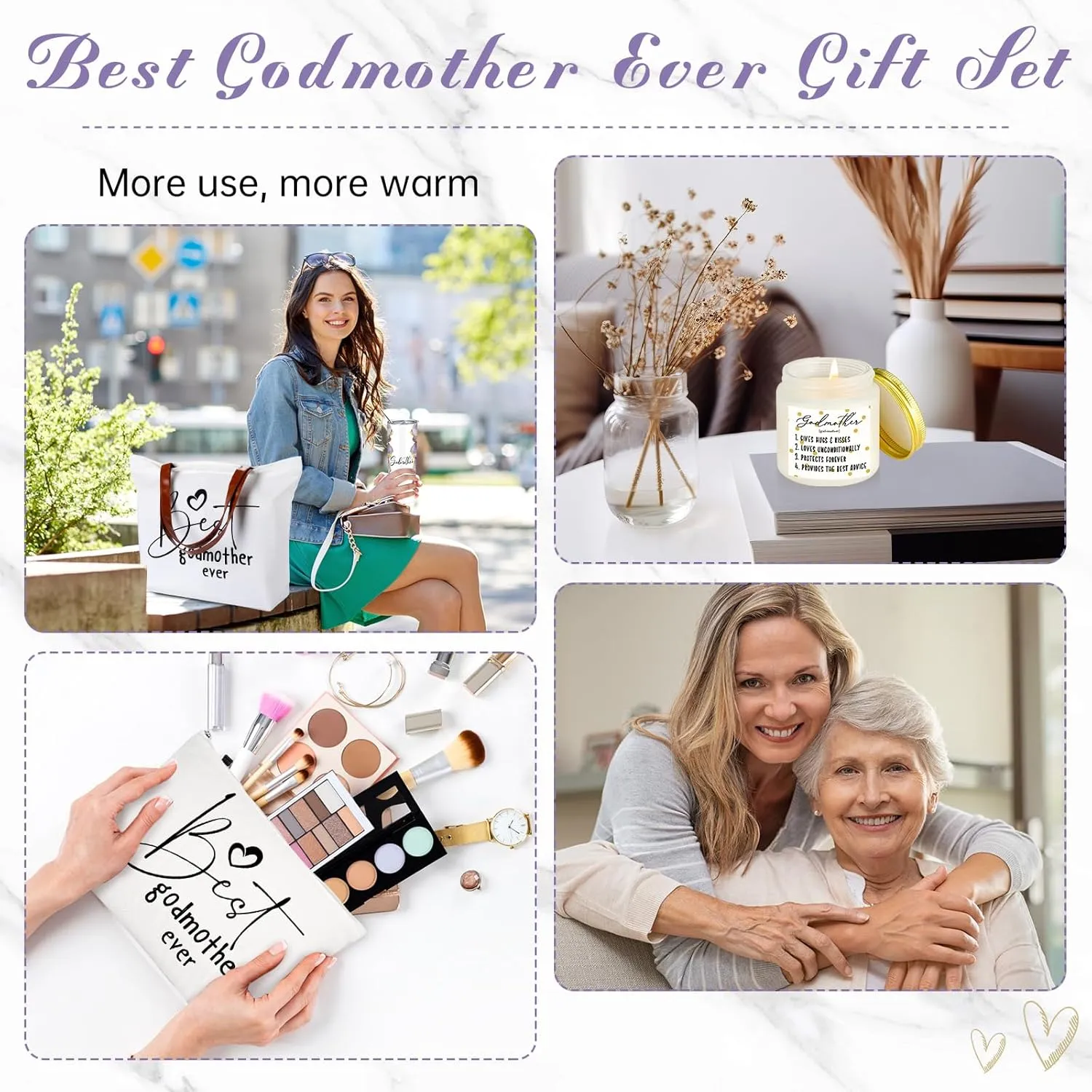 Domensi 4 Pack Godmother Gifts Set Included 20oz Stainless Steel Tumbler Cup with Straw and Lid Best Godmother Ever Gift Tote Bag Makeup Bag Scented Candle Mother Day Gift(Purple)